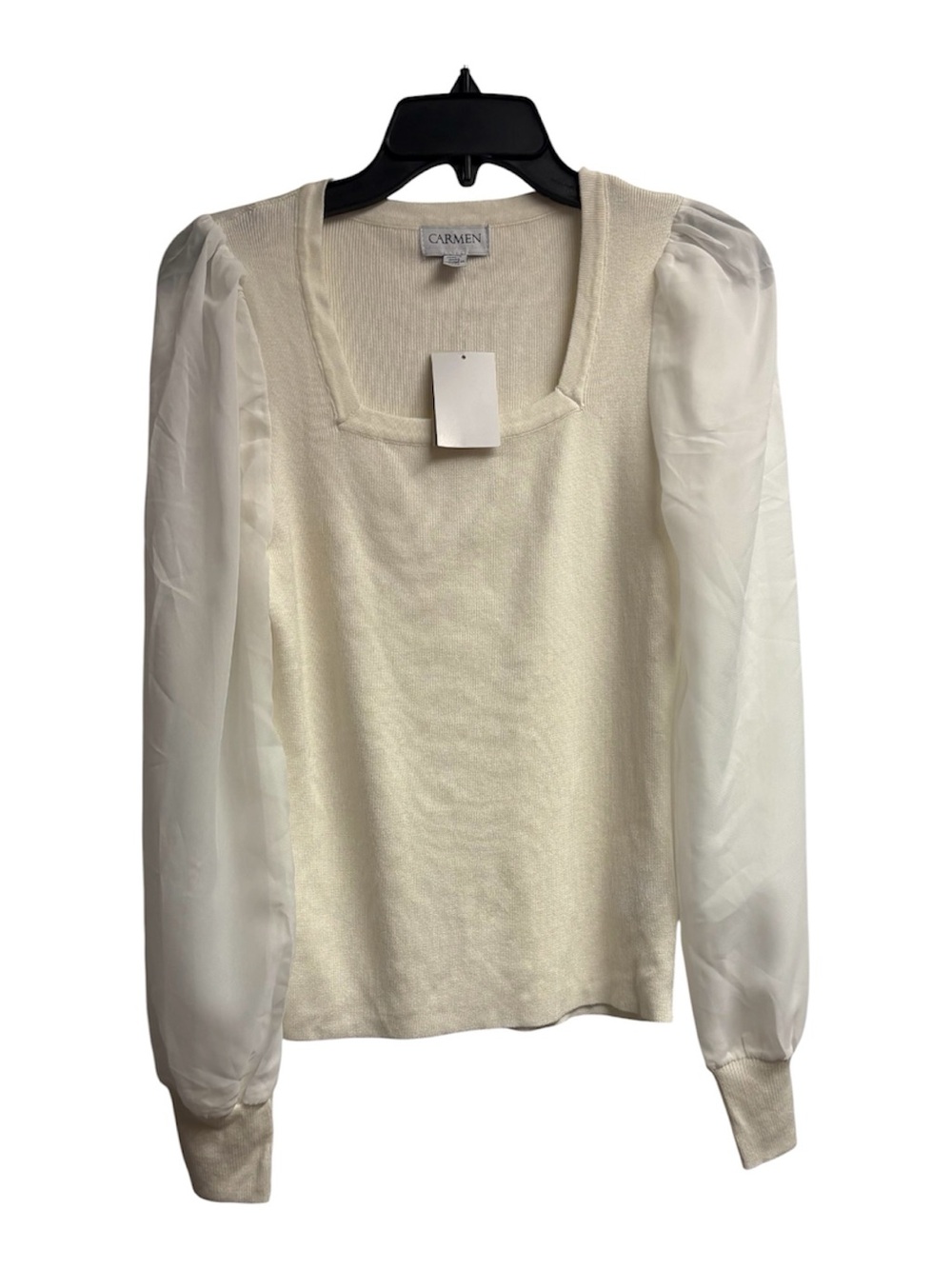 NWT Carmen Marc Valvo Ivory Square Neck Sheer Puff Sleeve Blouse Medium